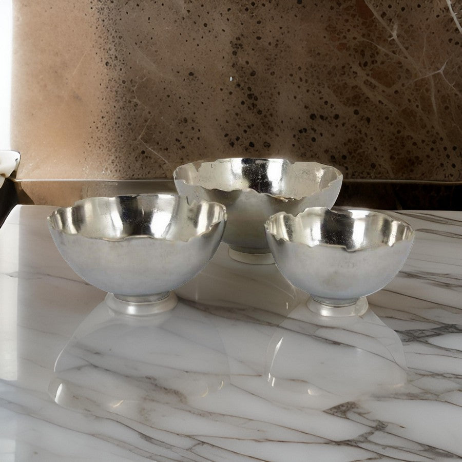 Bonz Set of 3 Bowls, Unique Top Shape, Round Base, Silver Metal Finish - BM310157