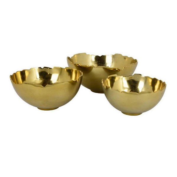 Bonz Set of 3 Bowls, Unique Top Shape, Round Base, Gold Metal Finish - BM310158