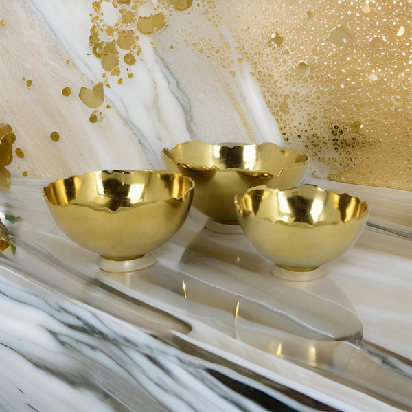 Bonz Set of 3 Bowls, Unique Top Shape, Round Base, Gold Metal Finish - BM310158