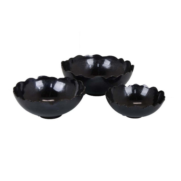 Bonz Set of 3 Bowls, Unique Top Shape, Round Base, Black Metal Finish - BM310159