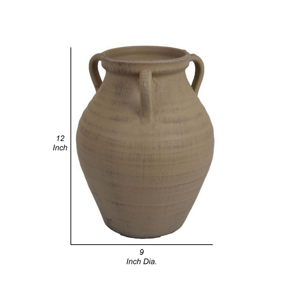 Fely 12 Inch Vase, Premitive Urn with 3 Handles, Brown, Transitional Style - BM310164