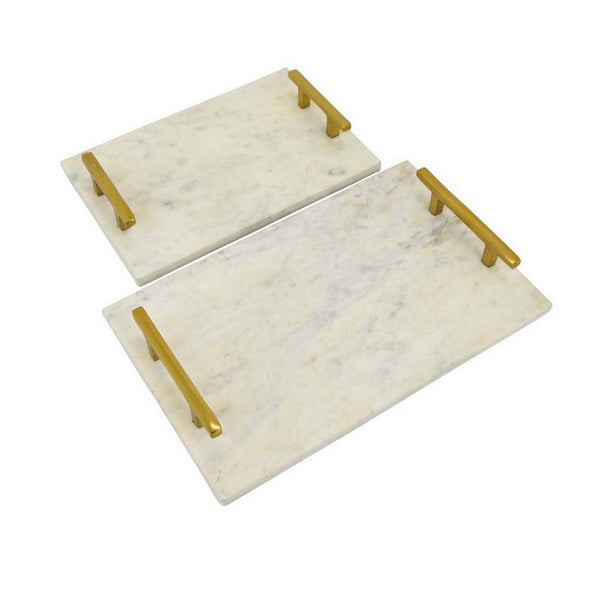Entro Tray Set of 2, Rectangular Shape, 2 Gold Handles, White Finish Marble - BM310172