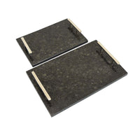 Entro Tray Set of 2, Rectangular Shape, 2 Gold Handles, Black Finish Marble - BM310173