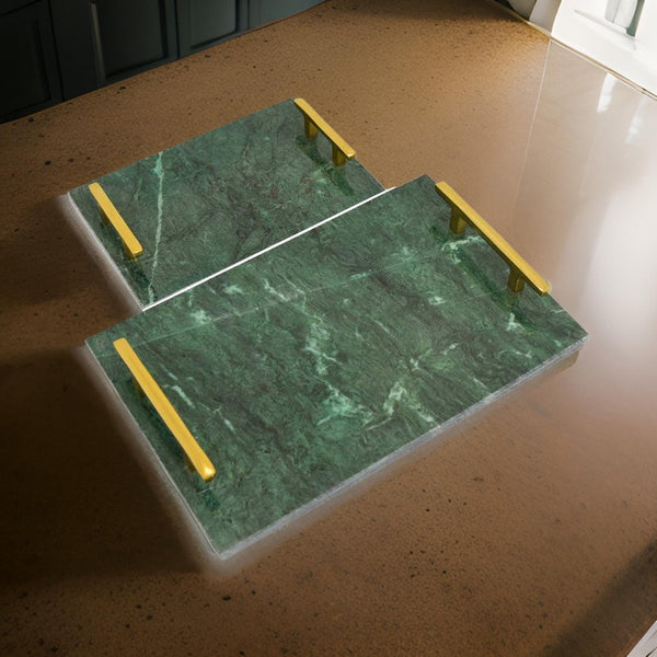 Entro Tray Set of 2, Rectangular Shape, 2 Gold Handles, Green Finish Marble - BM310174