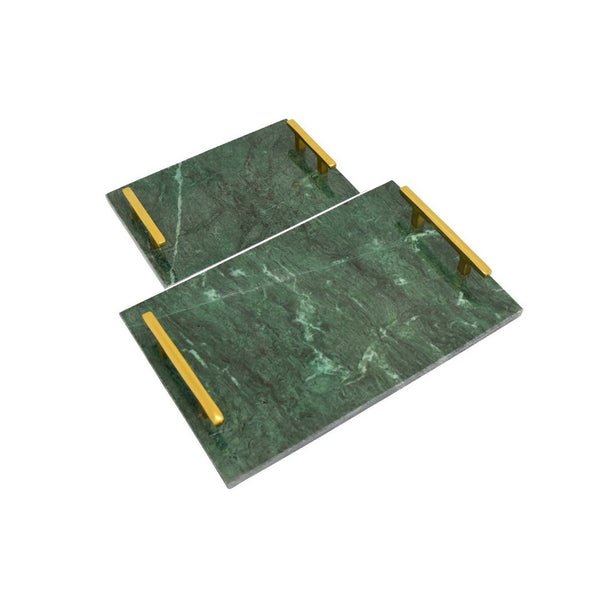 Entro Tray Set of 2, Rectangular Shape, 2 Gold Handles, Green Finish Marble - BM310174