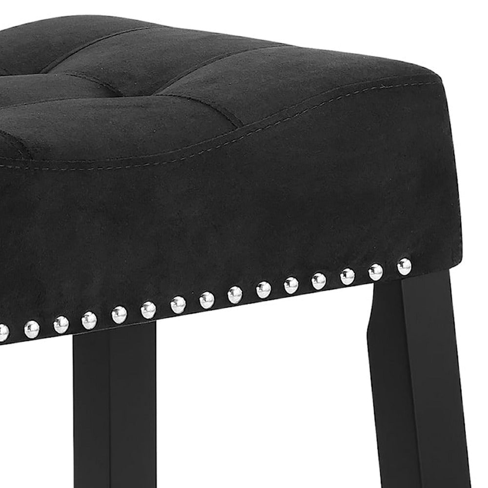 Jordan 26 Inch Counter Height Stool, Set of 2, Saddle Seat, Black Leather and Wood - BM310205