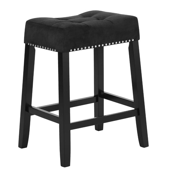 Jordan 26 Inch Counter Height Stool, Set of 2, Saddle Seat, Black Leather and Wood - BM310205
