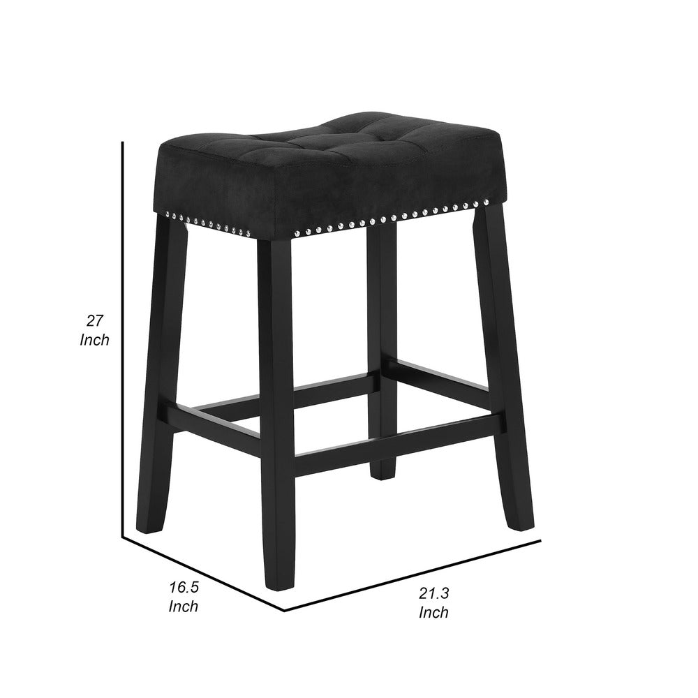 Jordan 26 Inch Counter Height Stool, Set of 2, Saddle Seat, Black Leather and Wood - BM310205