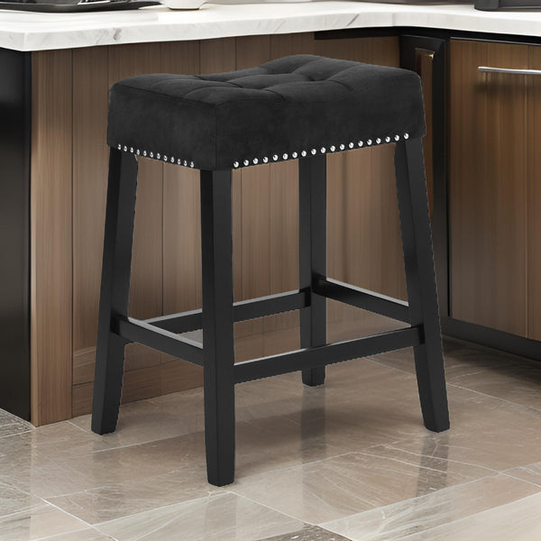 Jordan 26 Inch Counter Height Stool, Saddle Seat, Black Leather and Wood - BM310205