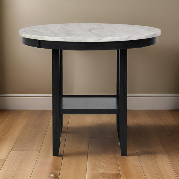 Jordan 42 Inch Round Counter Height Table, Glass Top, Wood, White, Black - BM310209