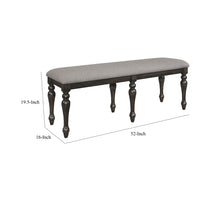 Lauren 52 Inch Bench, Classic Wood Frame, Cushioned Gray Fabric Upholstery - BM310211