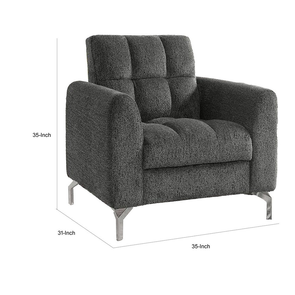 Lupe 35 Inch Chair, Biscuit Tufted, Chrome Legs, Gray Chenille Upholstery - BM310892