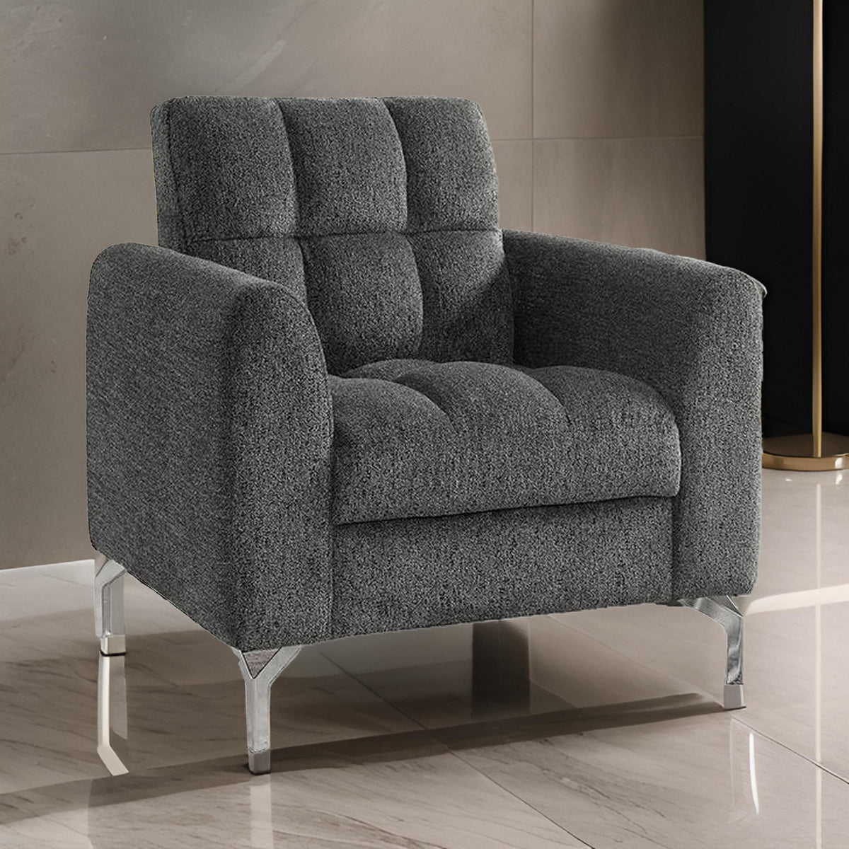 Lupe 35 Inch Chair, Biscuit Tufted, Chrome Legs, Gray Chenille Upholstery - BM310892