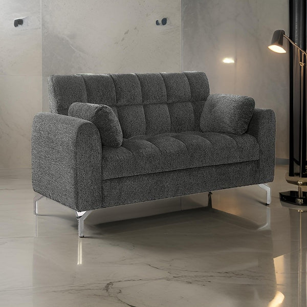 Lupe 56 Inch Loveseat, Biscuit Tufted, Chrome Legs, Chenille, Dark Gray - BM310893