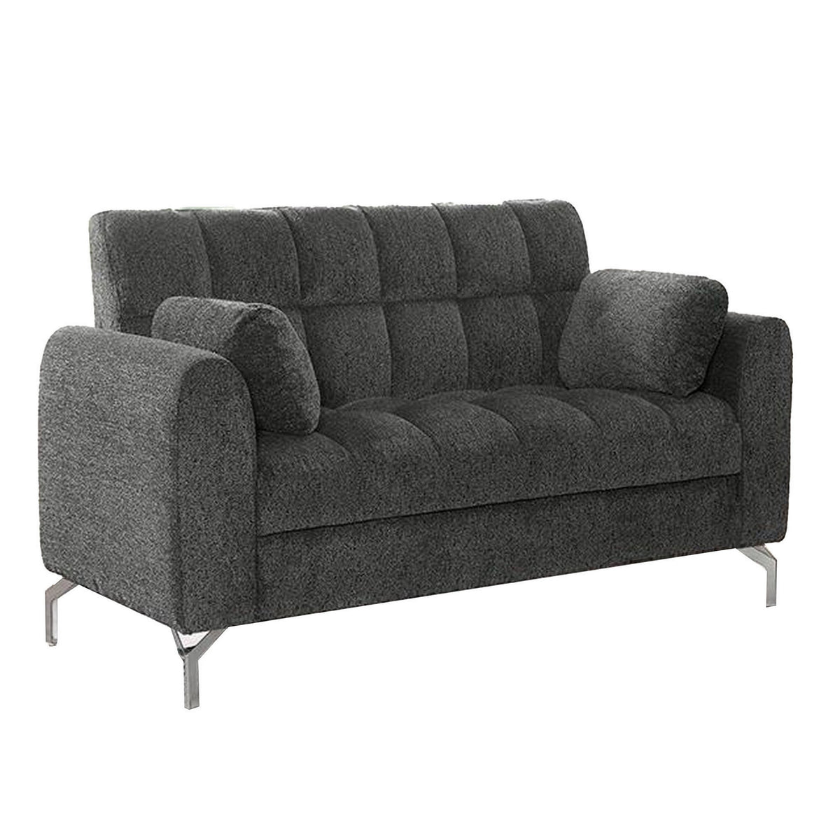 Lupe 56 Inch Loveseat, Biscuit Tufted, Chrome Legs, Chenille, Dark Gray - BM310893