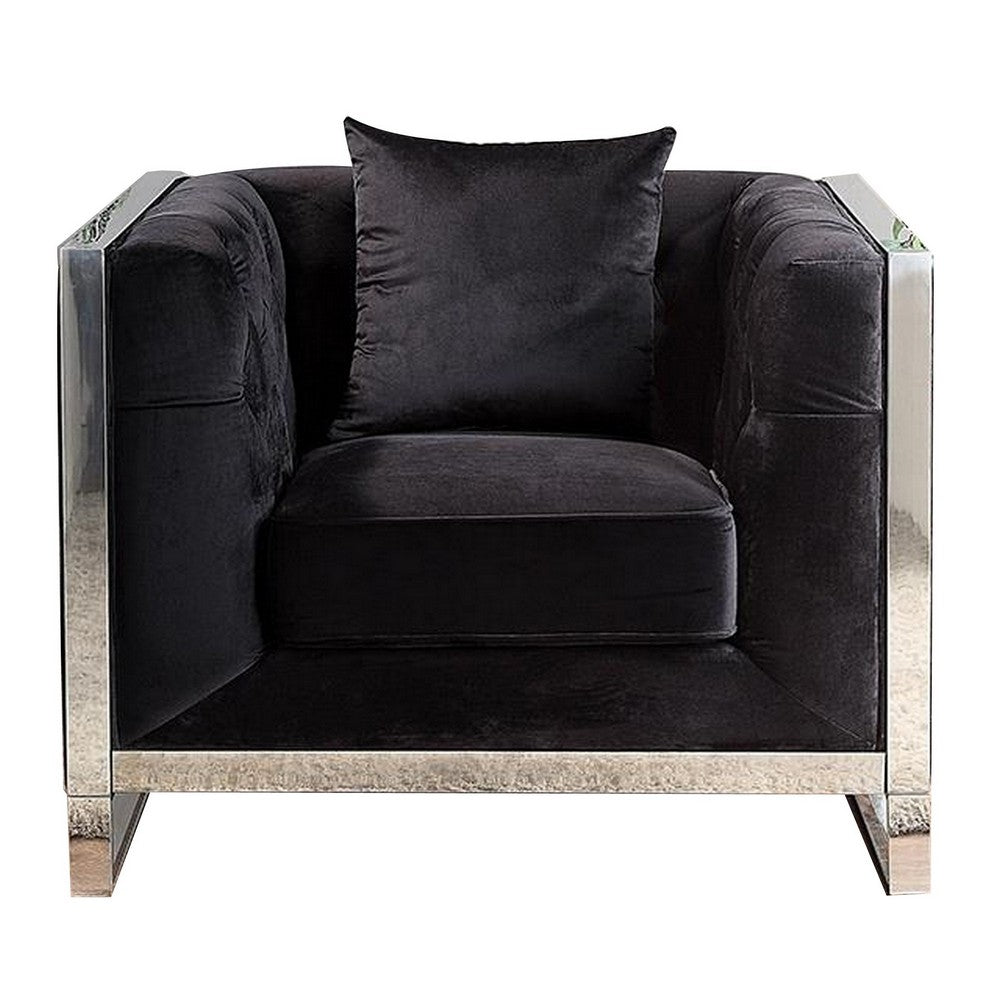 Vade 39 Inch Accent Chair, Stainless Steel Frame, Tufted Black Flannelette - BM310905