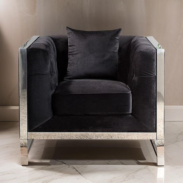 Vade 39 Inch Accent Chair, Stainless Steel Frame, Tufted Black Flannelette - BM310905