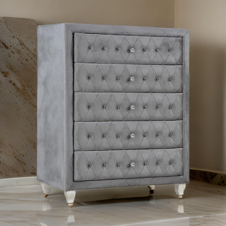 Zoha 49 Inch Tall Dresser Chest, 5 Drawer, Cabriole Legs, Gray Upholstery - BM310912