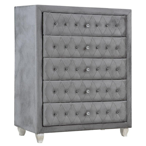 Zoha 49 Inch Tall Dresser Chest, 5 Drawer, Cabriole Legs, Gray Upholstery - BM310912