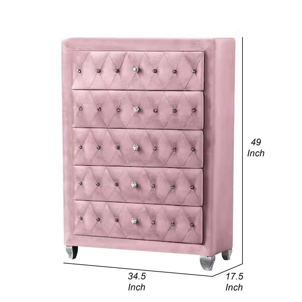 Zoha 49 Inch Tall Dresser Chest, 5 Drawer, Cabriole Legs, Pink Upholstery - BM310915