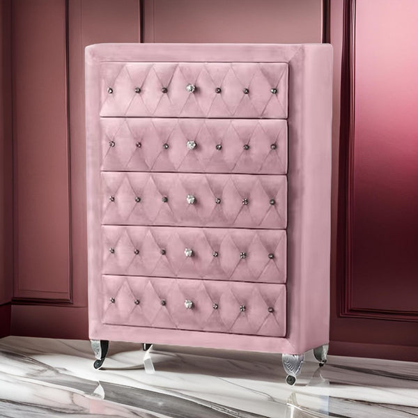 Zoha 49 Inch Tall Dresser Chest, 5 Drawer, Cabriole Legs, Pink Upholstery - BM310915