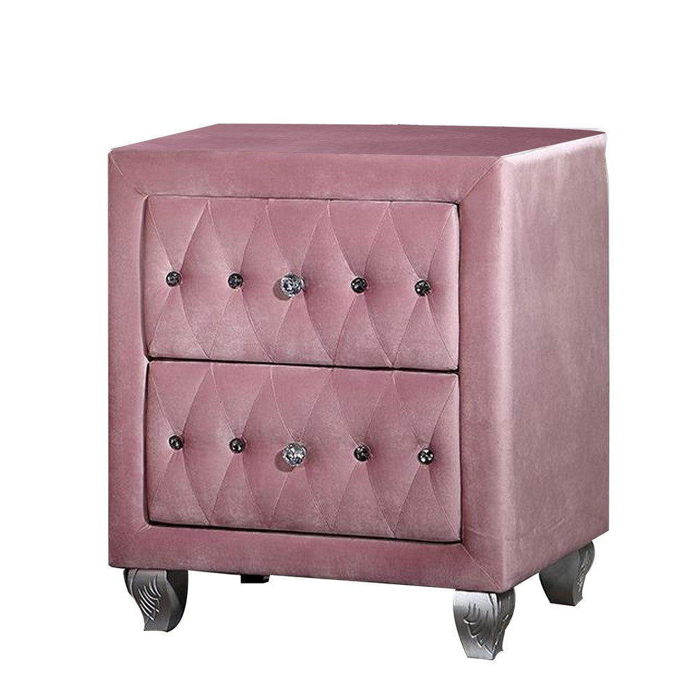 Zoha 26 Inch Nightstand, 2 Drawer, Cabriole Legs, Wood, Pink Upholstery - BM310917