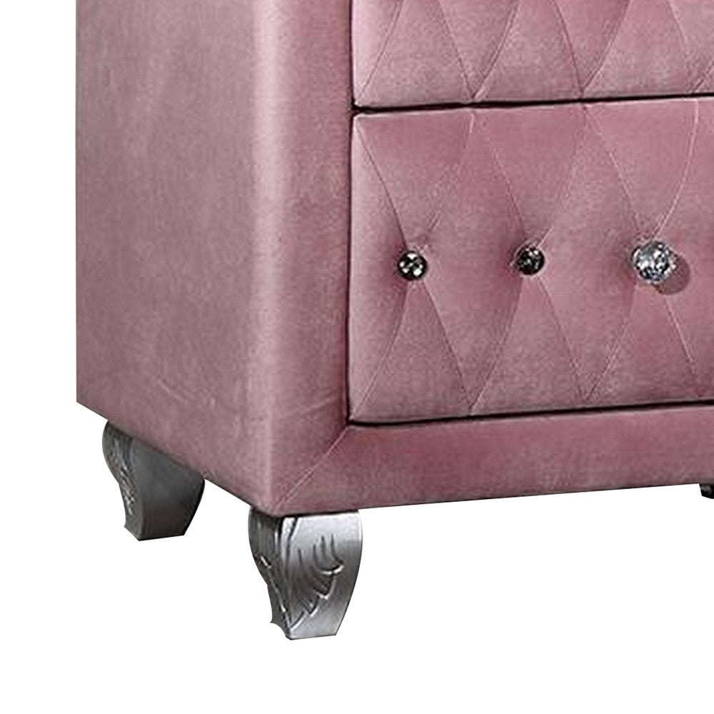 Zoha 26 Inch Nightstand, 2 Drawer, Cabriole Legs, Wood, Pink Upholstery - BM310917