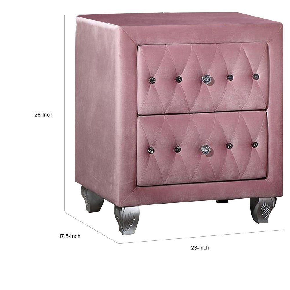 Zoha 26 Inch Nightstand, 2 Drawer, Cabriole Legs, Wood, Pink Upholstery - BM310917