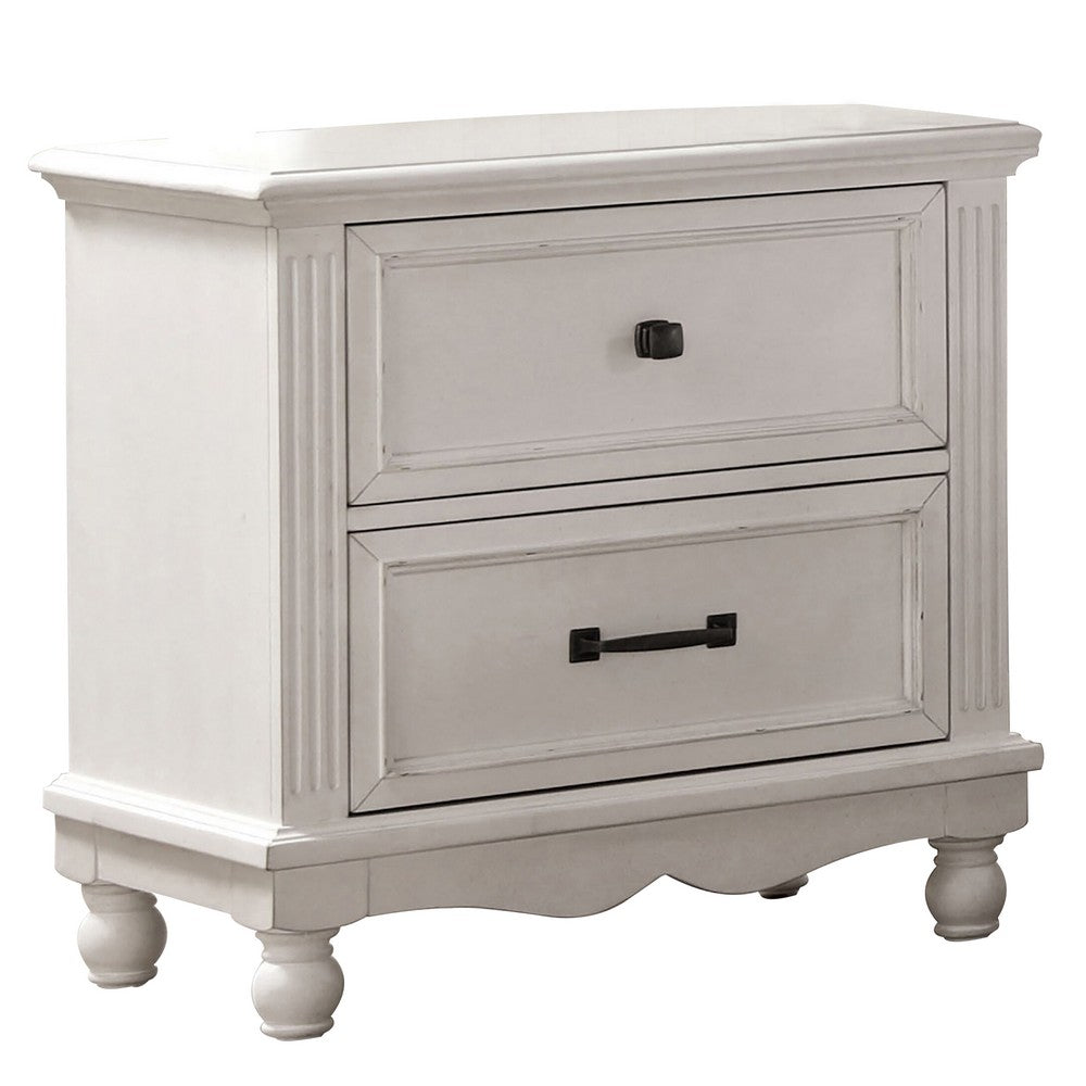 Geo 28 Inch Nightstand, 2 Drawers, Solid Wood, Bronze, Antique White - BM310922