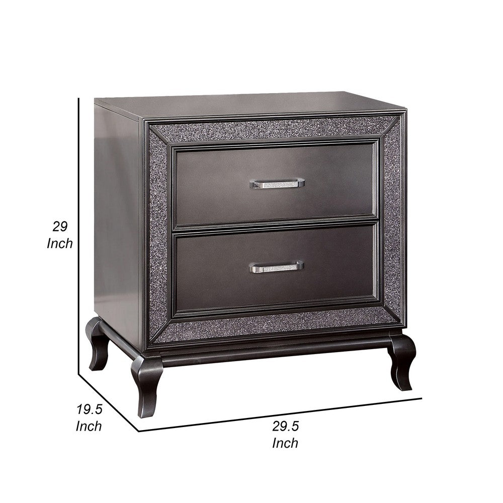 Ony 30 Inch Nightstand, 2 Drawers, Solid Wood, Chrome, Graphite Gray Finish - BM310925