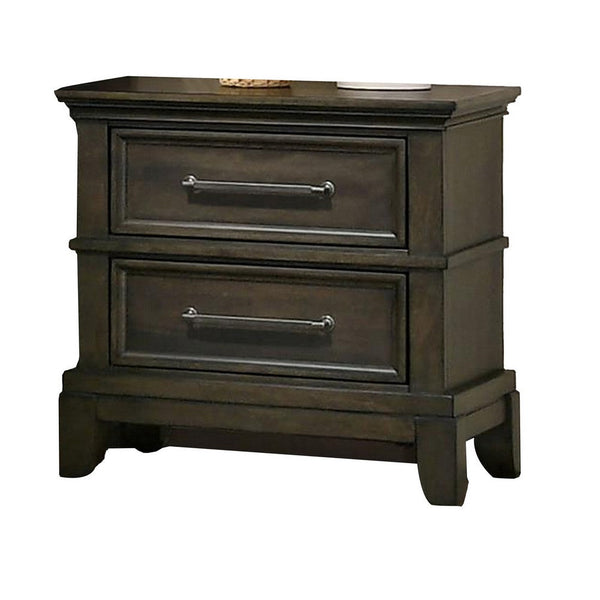Ston 26 Inch Nightstand, 2 Drawers, Pewter Handles, Crown Mold, Wood, Gray - BM310928