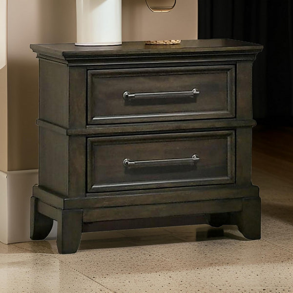 Ston 26 Inch Nightstand, 2 Drawers, Pewter Handles, Crown Mold, Wood, Gray - BM310928