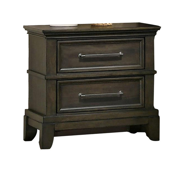 Ston 26 Inch Nightstand, 2 Drawers, Pewter Handles, Crown Mold, Wood, Gray - BM310928