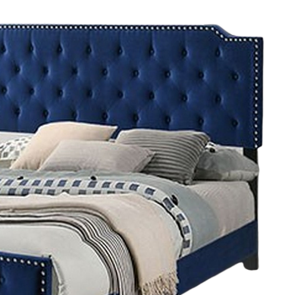 Agapi California King Bed, Button Tufted, Nailhead Trim, Navy Upholstery - BM310943