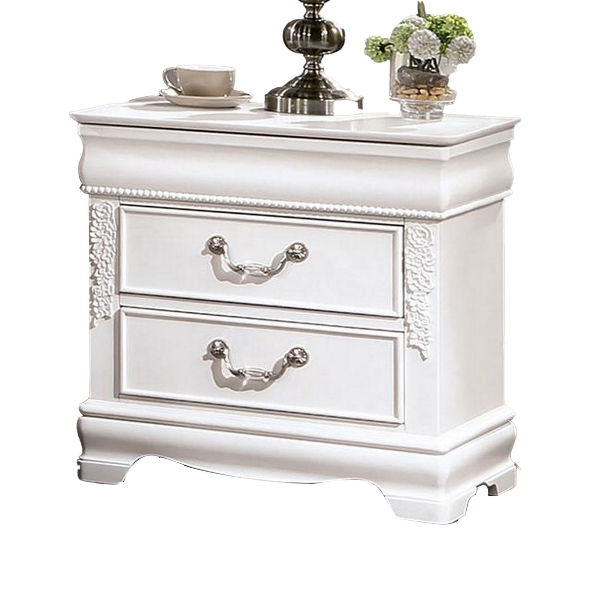 Aleci 24 Inch Nightstand, 2 Drawers, Carved Details, Solid Wood, White  - BM310969