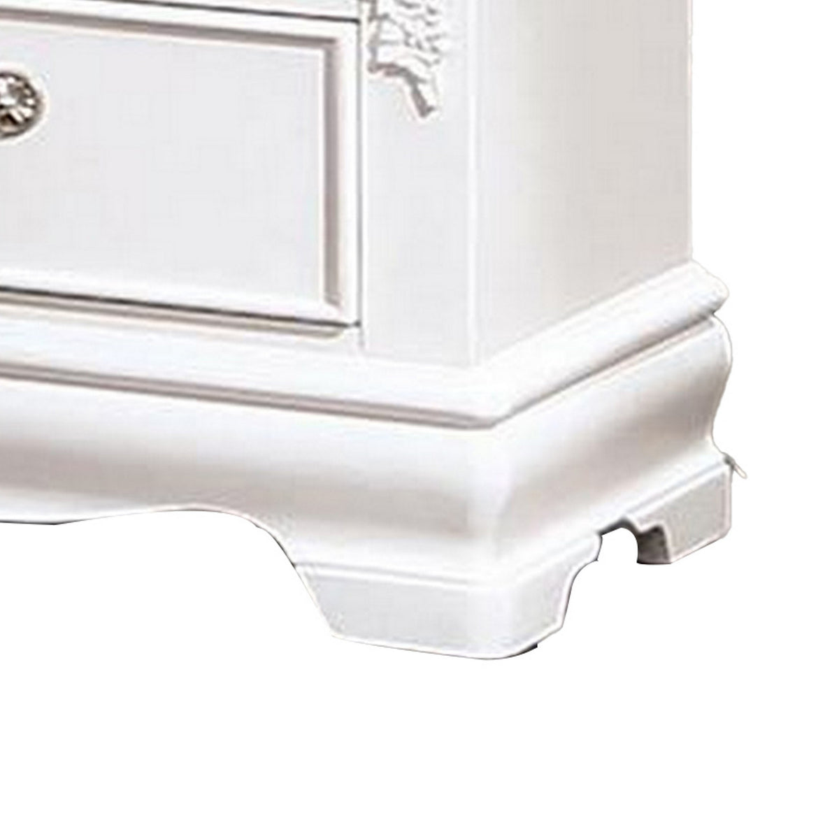 Aleci 24 Inch Nightstand, 2 Drawers, Carved Details, Solid Wood, White  - BM310969