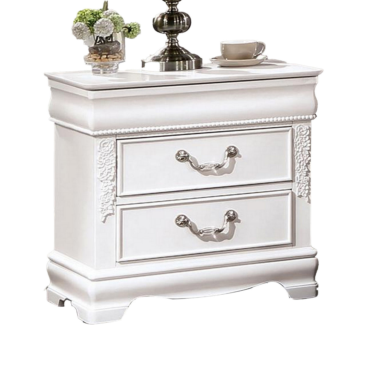 Aleci 24 Inch Nightstand, 2 Drawers, Carved Details, Solid Wood, White  - BM310969