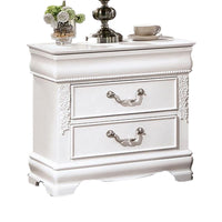 Aleci 24 Inch Nightstand, 2 Drawers, Carved Details, Solid Wood, White  - BM310969