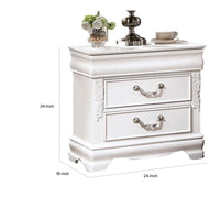 Aleci 24 Inch Nightstand, 2 Drawers, Carved Details, Solid Wood, White  - BM310969