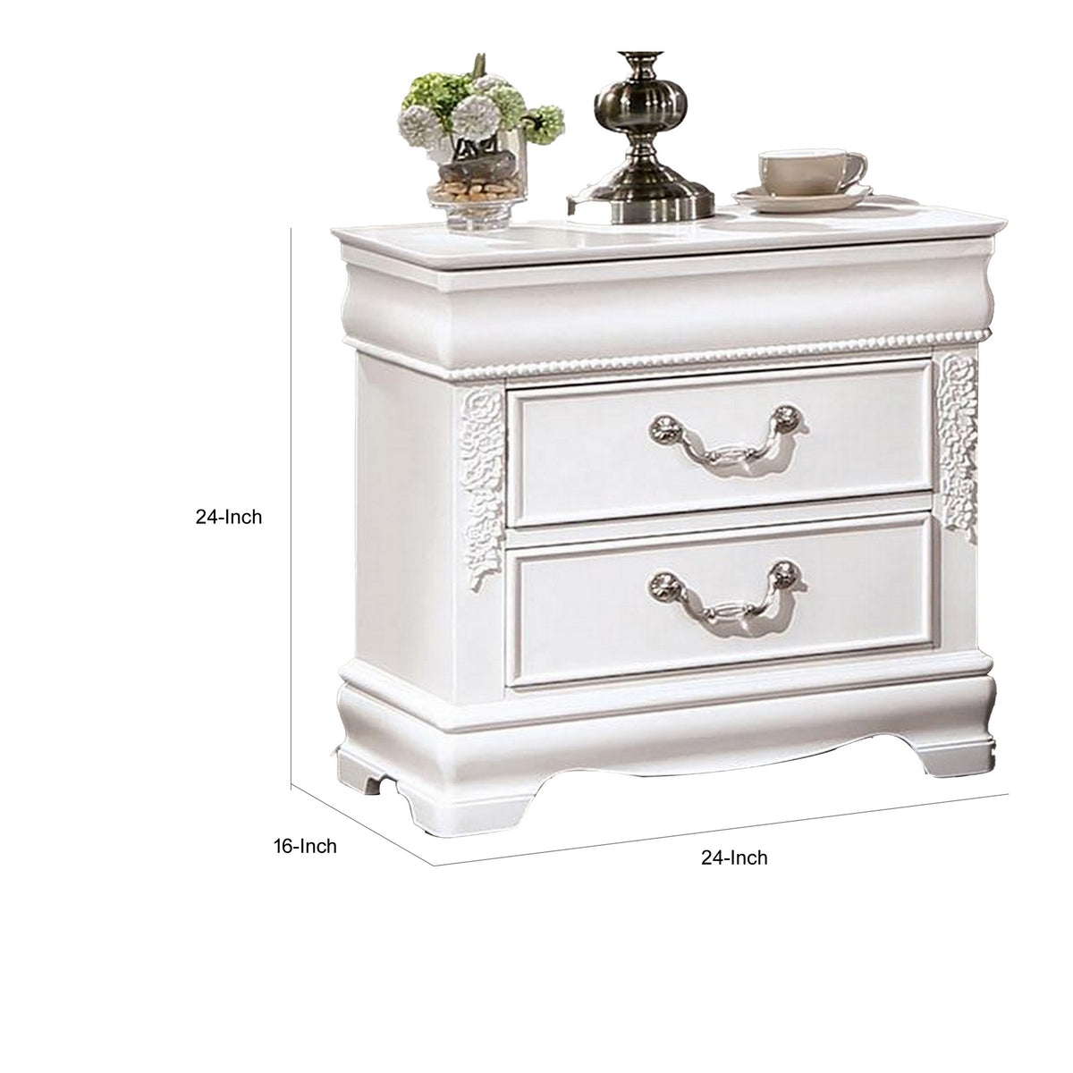 Aleci 24 Inch Nightstand, 2 Drawers, Carved Details, Solid Wood, White  - BM310969