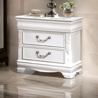 Aleci 24 Inch Nightstand, 2 Drawers, Carved Details, Solid Wood, White  - BM310969