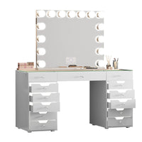 Niki 60 Inch Vanity Desk, 13 Drawers, USB Port, Glass Tabletop, White - BM311018