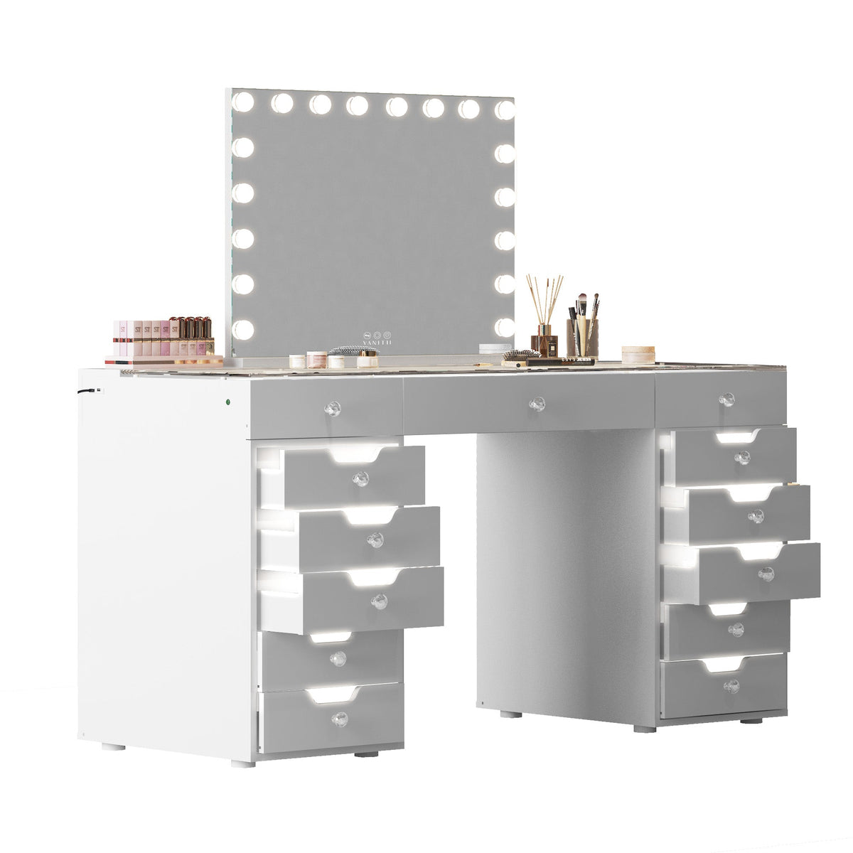 Niki 60 Inch Vanity Desk, 13 Drawers, USB Port, Glass Tabletop, White - BM311018