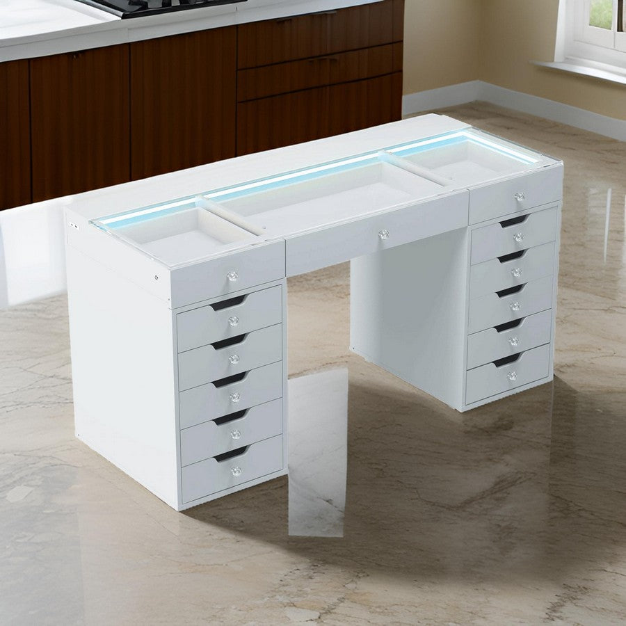 Niki 60 Inch Vanity Desk, 13 Drawers, USB Port, Glass Tabletop, White - BM311018