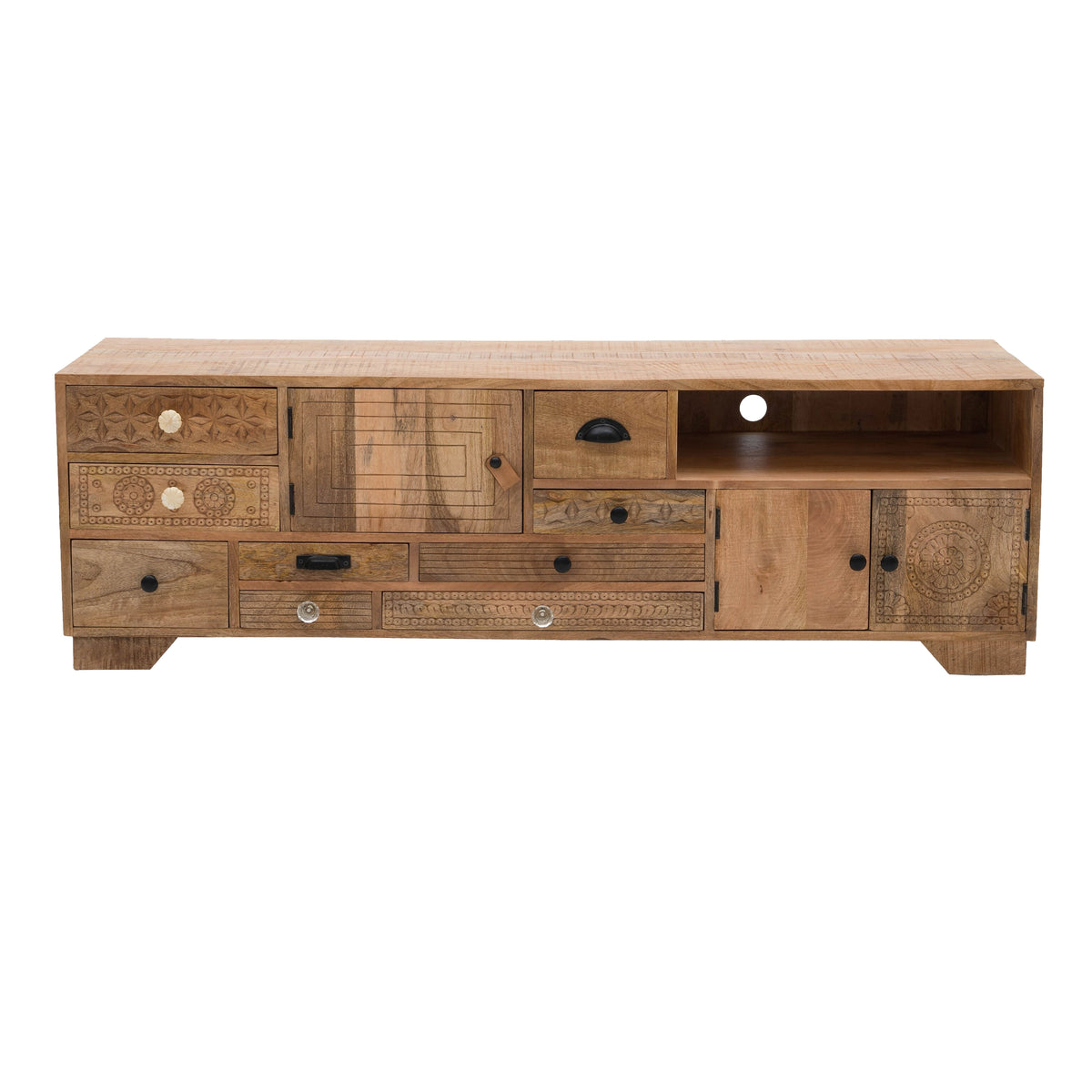 Blan 63 Inch TV Media Console, 9 Drawer, 3 Doors, Hand Carved Mango Wood - BM311028