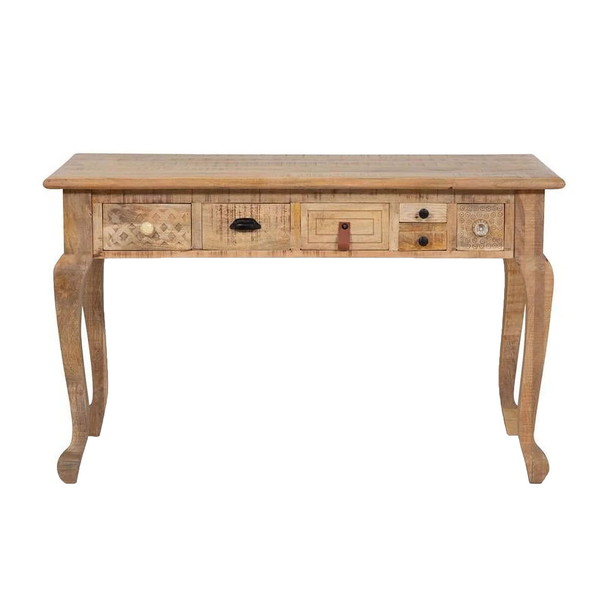 Blan 53 Inch Desk, 6 Drawers, Hand Carved, Natural Brown Mango Wood - BM311029