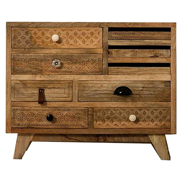 Blan 32 Inch Dresser Chest, 9 Drawer, Hand Carved, Natural Mango Wood - BM311032