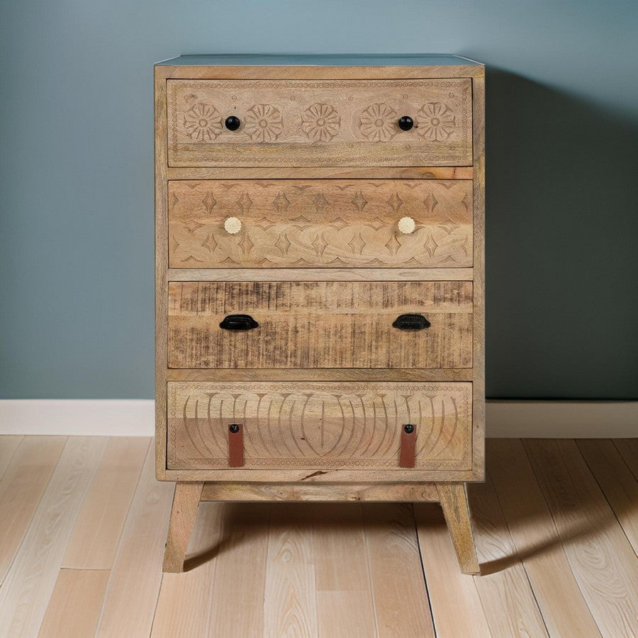 Blan 43 Inch Tall Dresser Chest, 4 Drawer, Hand Carved, Brown Mango Wood - BM311033