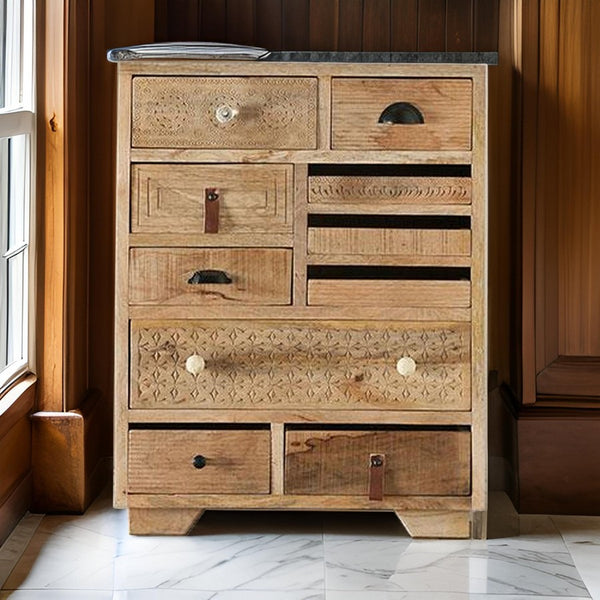 Blan 36 Inch Tall Dresser Chest, 10 Drawer, Natural Brown Mango Wood - BM311035