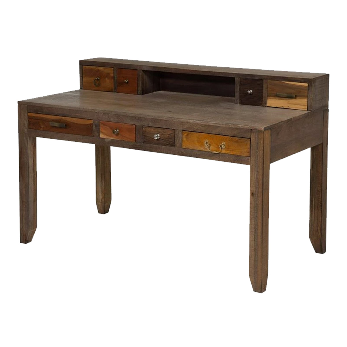 Saon 55 Inch Desk, 8 Drawers and Open Shelf, Natural Brown Solid Wood - BM311037